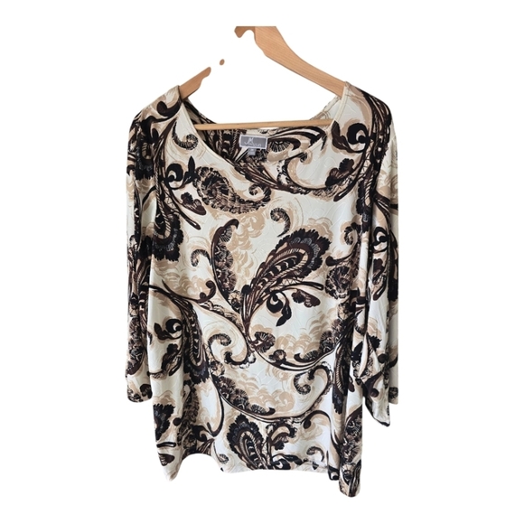 JM Collection Blouse 2XL Women 3/4 Sleeves Cream Black Paisley Print Strecthy - Picture 1 of 8